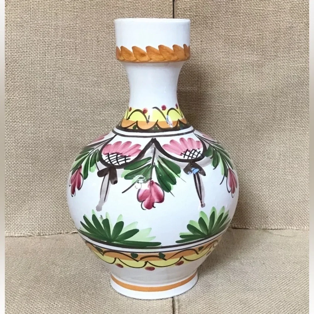 Hand Painted Bulbous Shabby Floral Vase Folk Art Pottery Cottage Core Colorful
